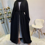 Elegant Pure Color Bead Strap Open Abaya