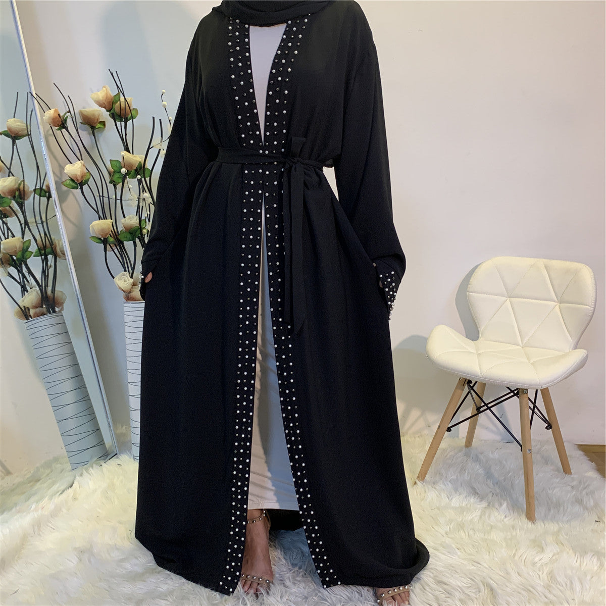 Elegant Pure Color Bead Strap Open Abaya
