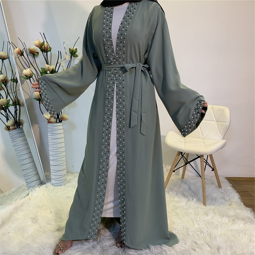 Elegant Pure Color Bead Strap Open Abaya