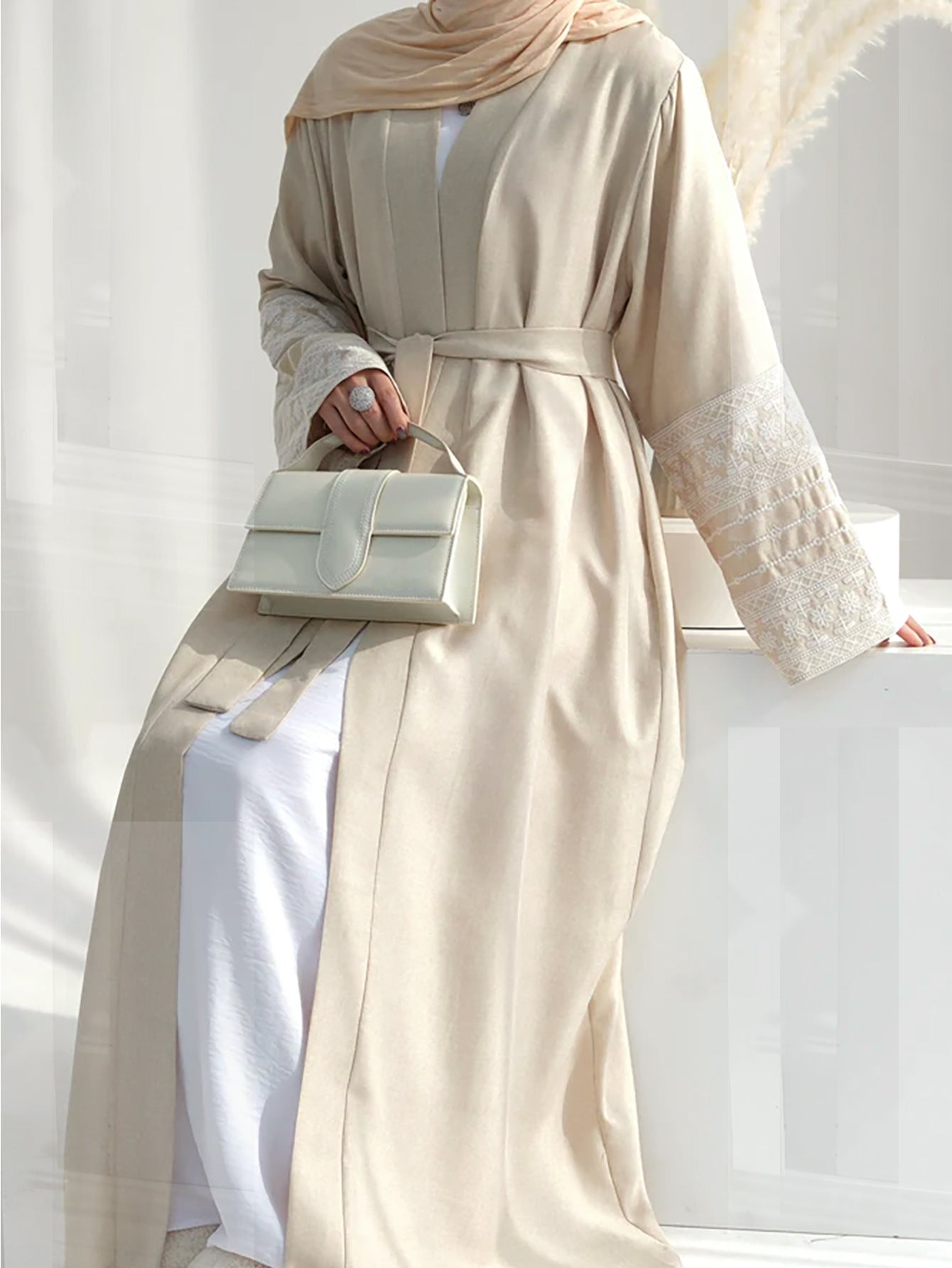 Symmetric Flower Embroidery Open Abaya