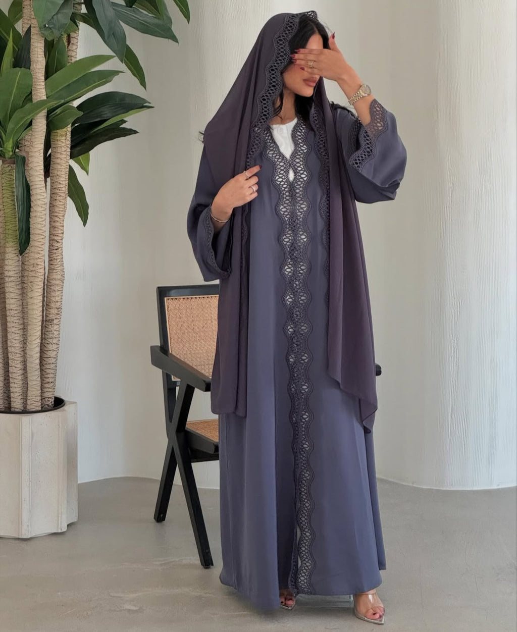 Hollow Lace Abaya with Hijab