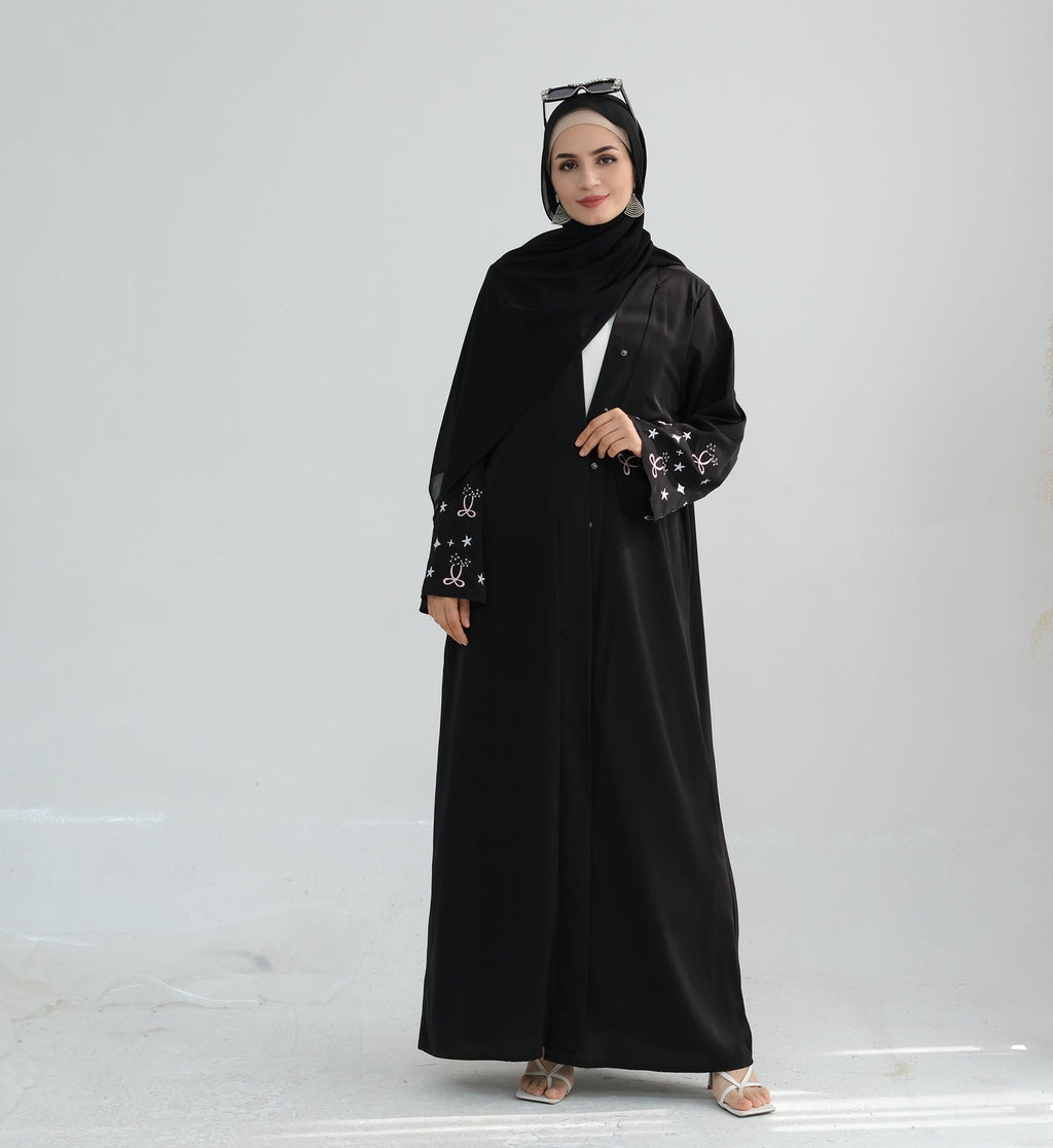 Bow Embroidery Kimono Open Abaya with Hijab