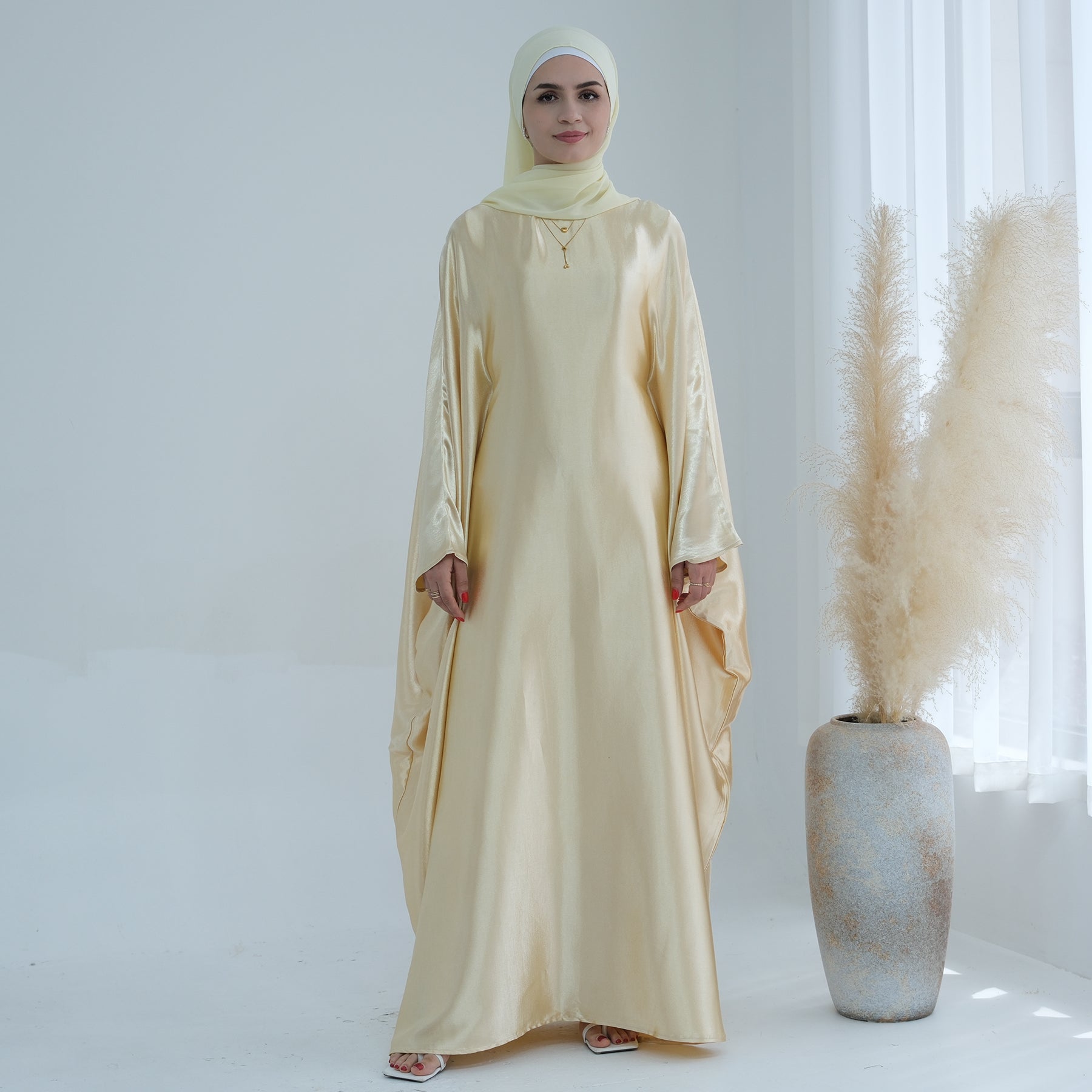 Bright Lemon Yellow Butterfly Abaya with Hijab