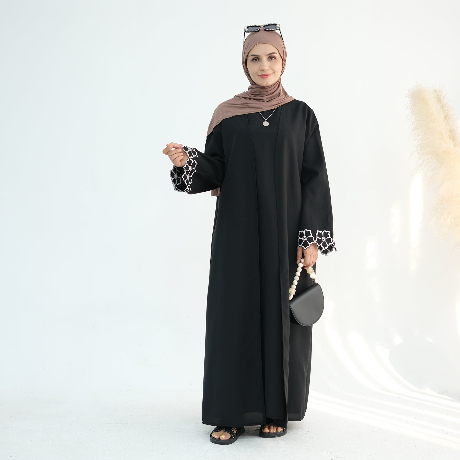 2 Pcs Embroidered Floral Abaya