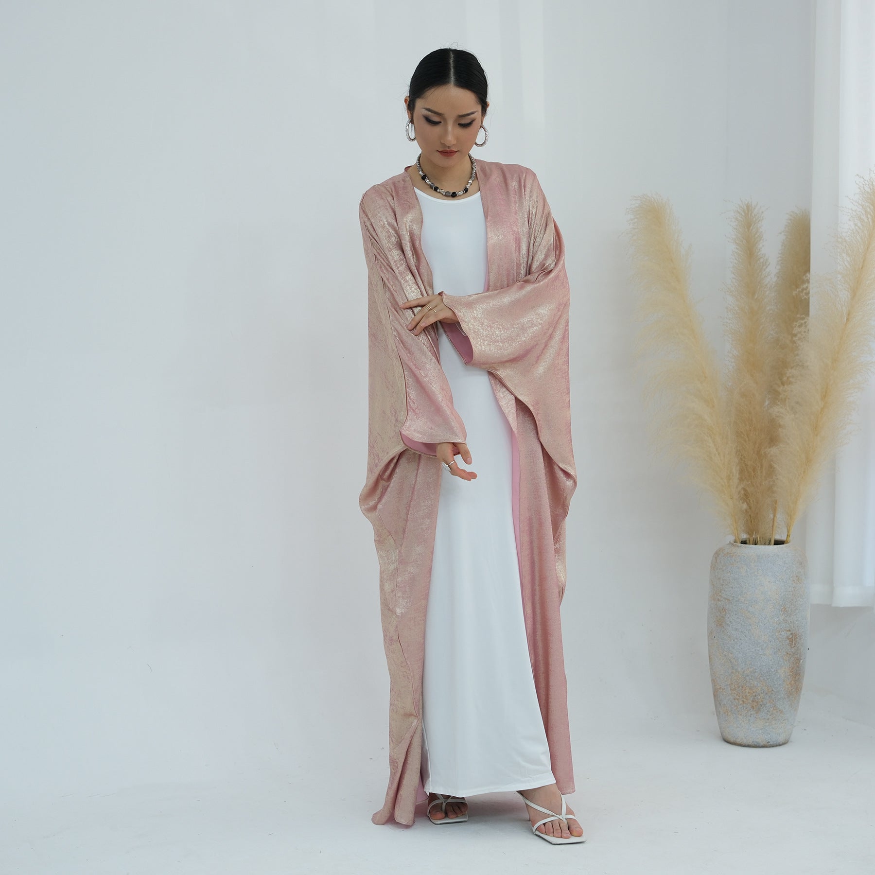 Shiny Satin Open Kimono Butterfly Abaya