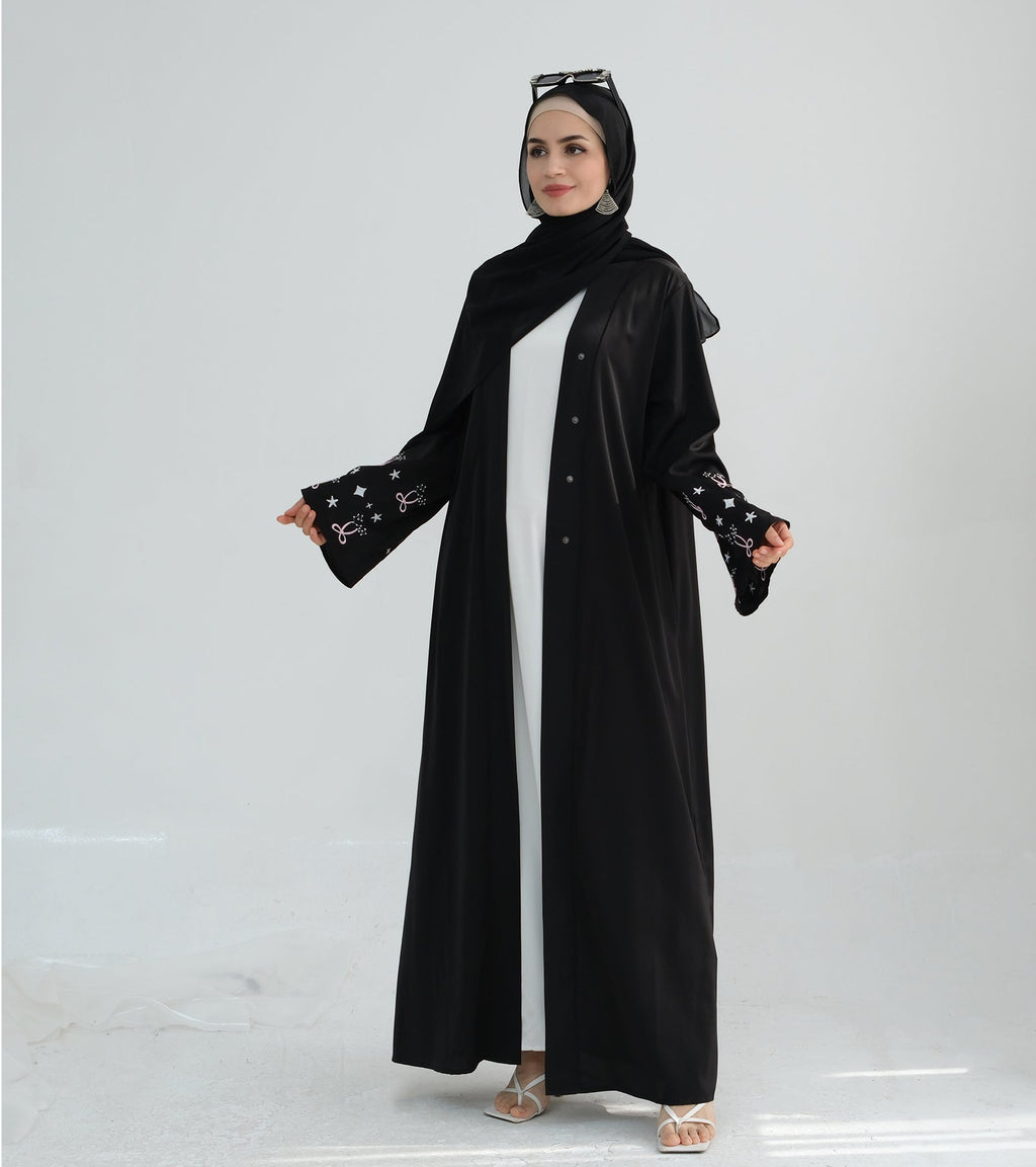 Bow Embroidery Kimono Open Abaya with Hijab
