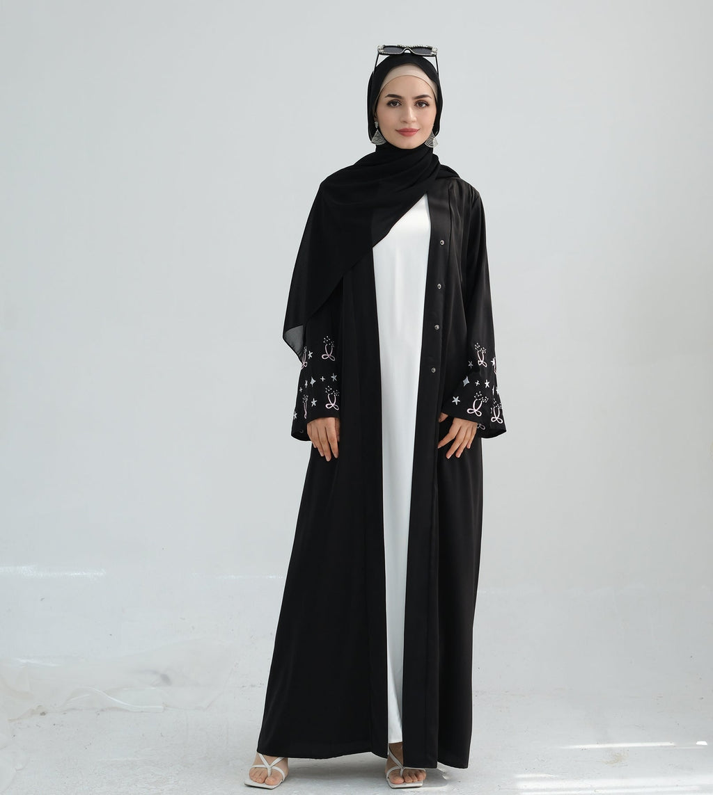 Bow Embroidery Kimono Open Abaya with Hijab