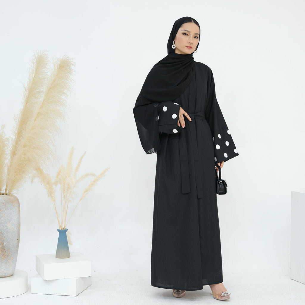Floral Embroidery Linen Open Abaya