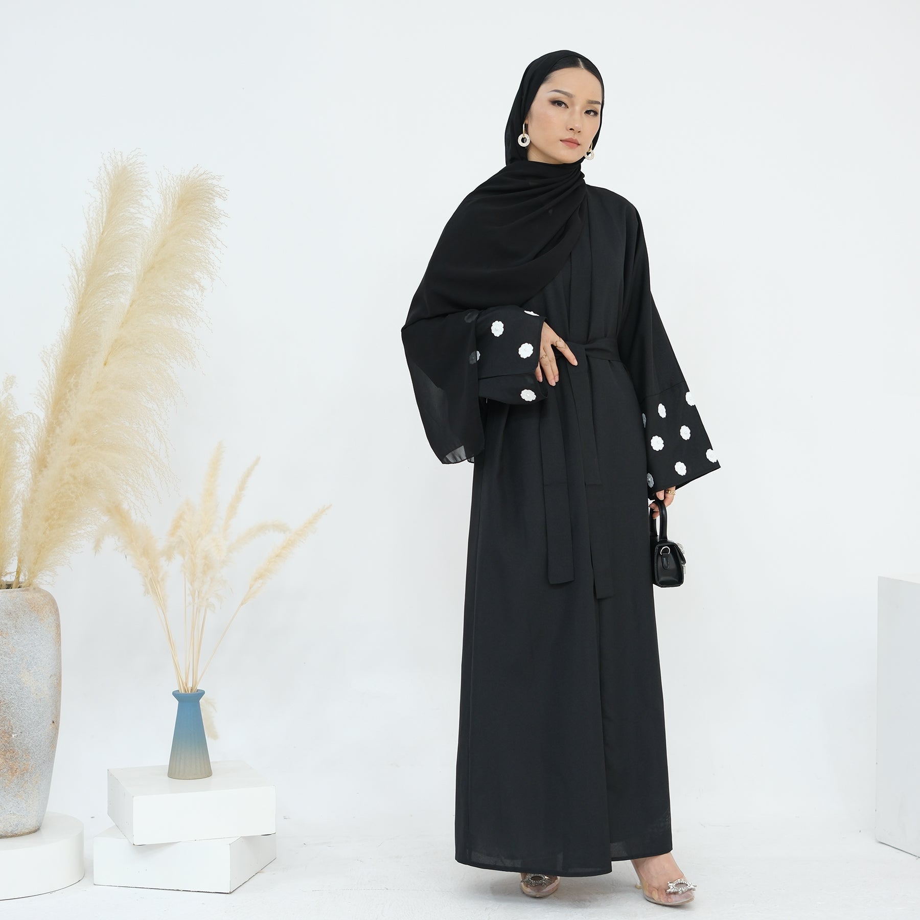 Floral Embroidery Linen Open Abaya