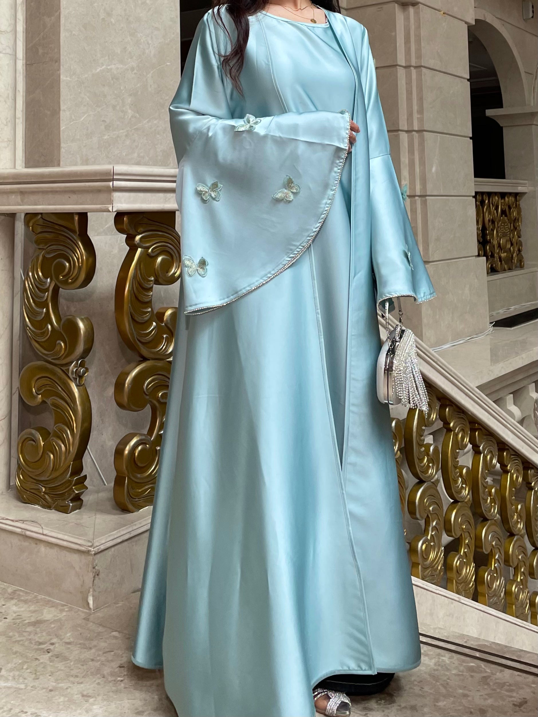Elegant Butterfly Satin Open Abaya Dress