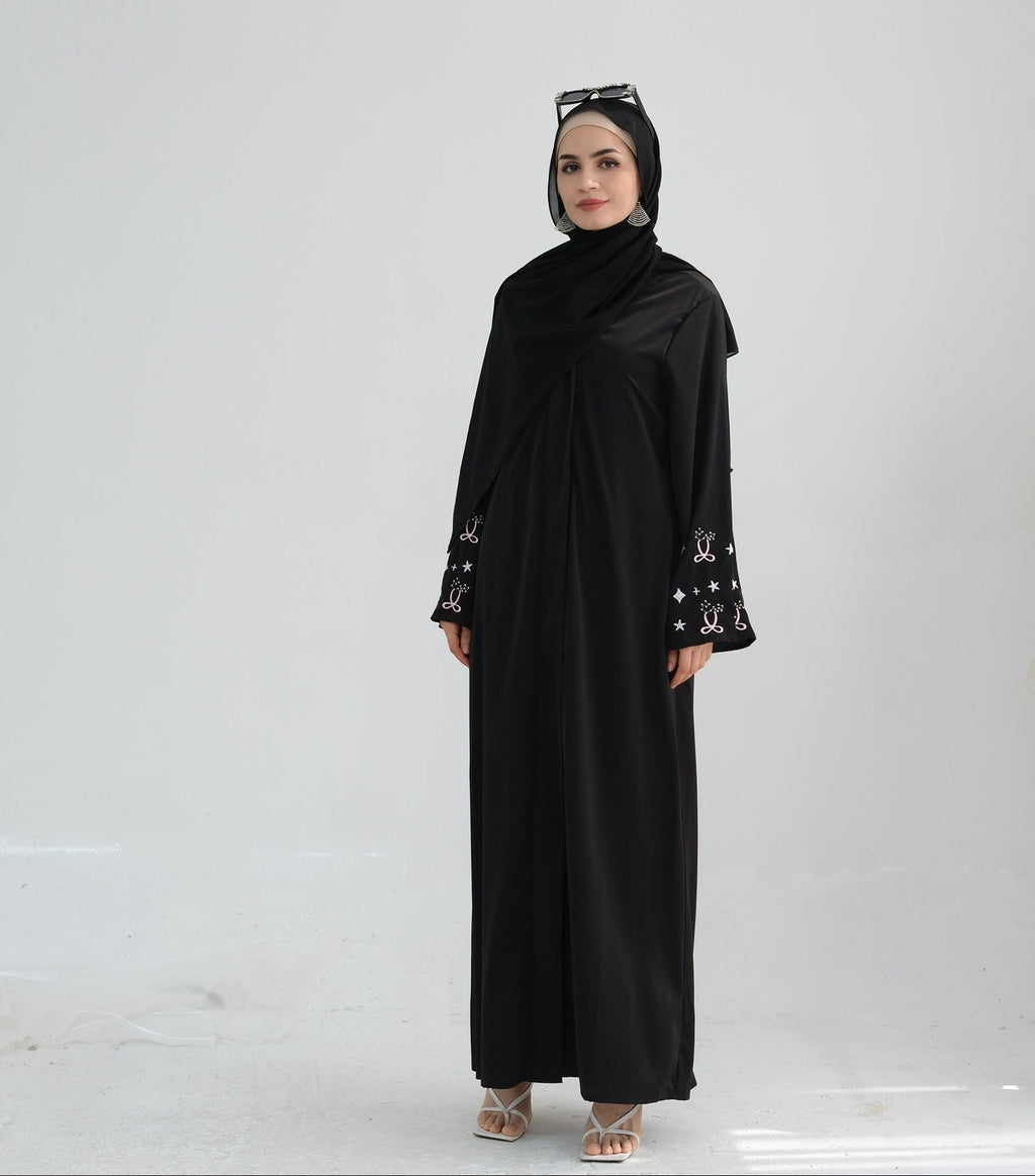 Bow Embroidery Kimono Open Abaya with Hijab