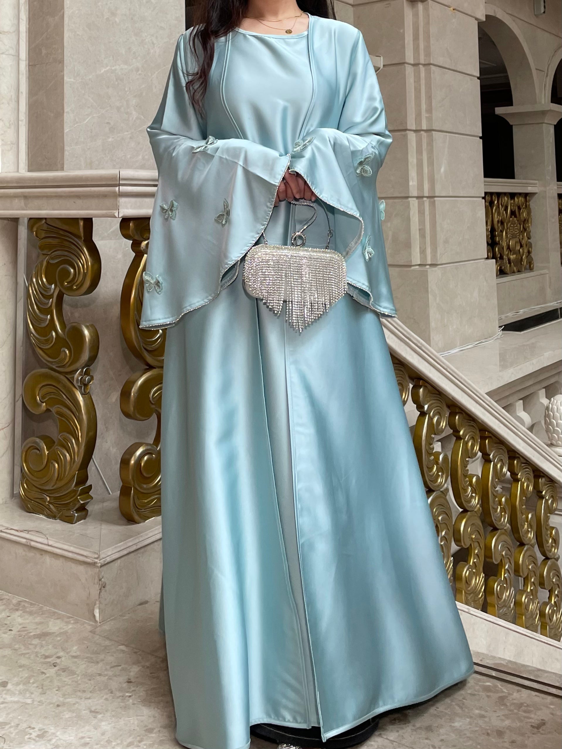 Elegant Butterfly Satin Open Abaya Dress