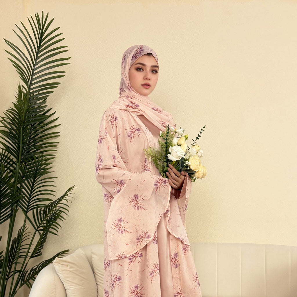 Elegant Flower Chiffon Open Abaya