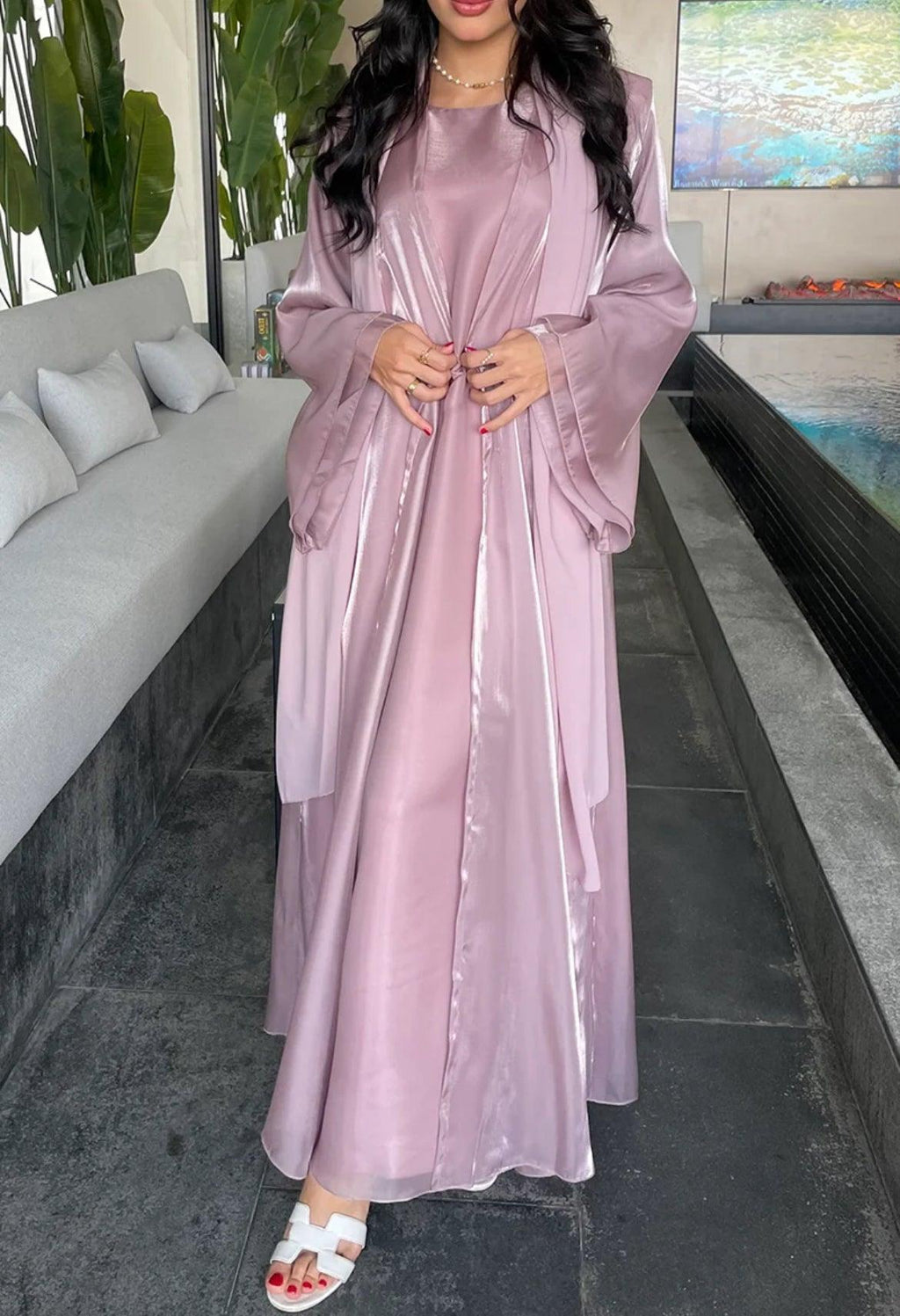 2 Pcs Dress Shiny Silk Abaya