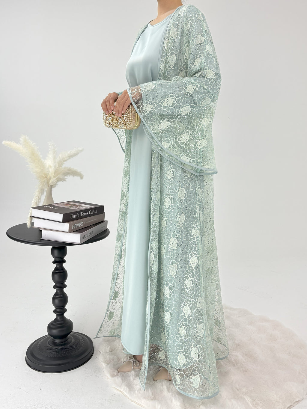 2 Pcs Rose Lace Loose Abaya