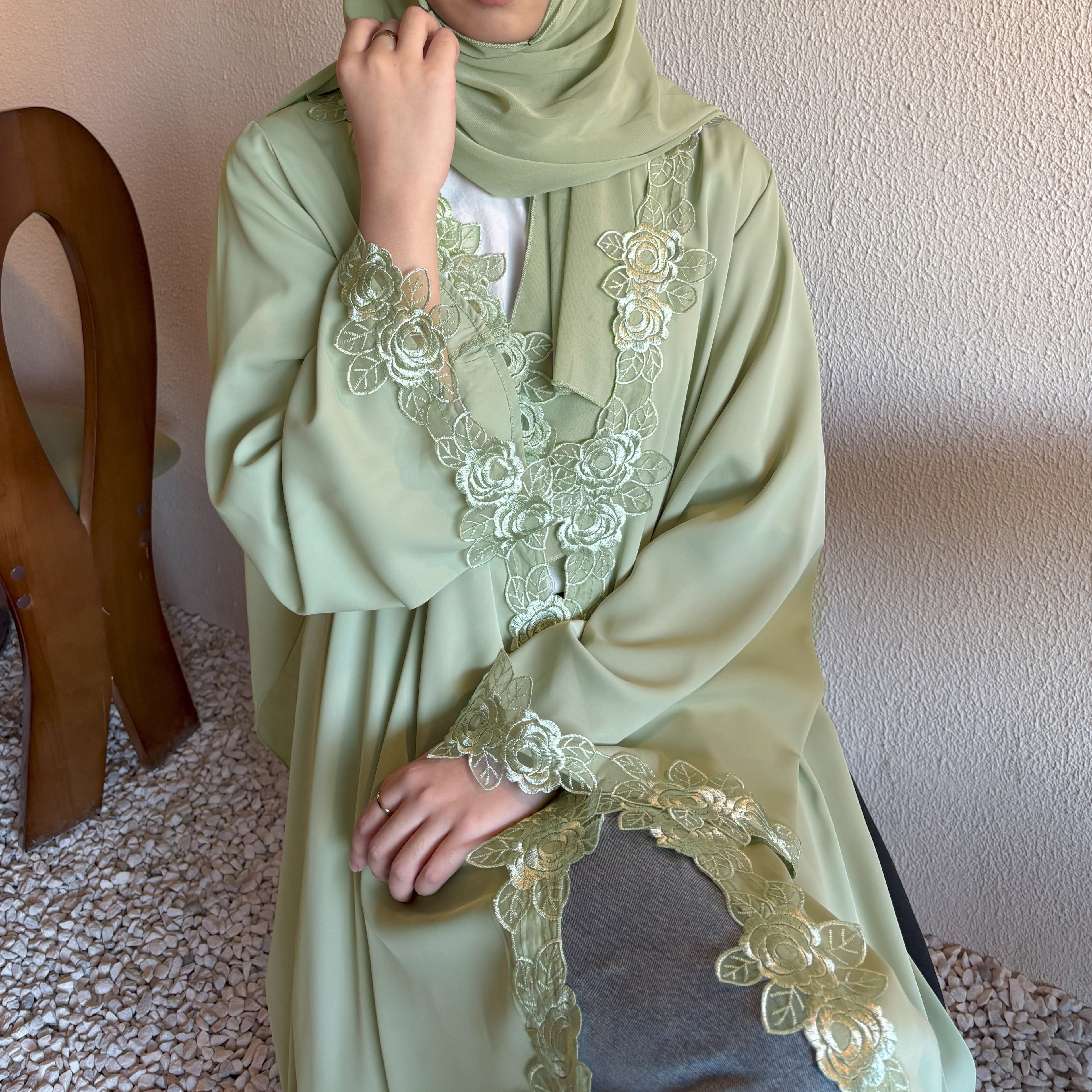 Solid Color Embroidered Lace Abaya with Hijab