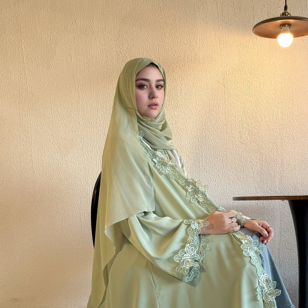 Solid Color Embroidered Lace Abaya with Hijab