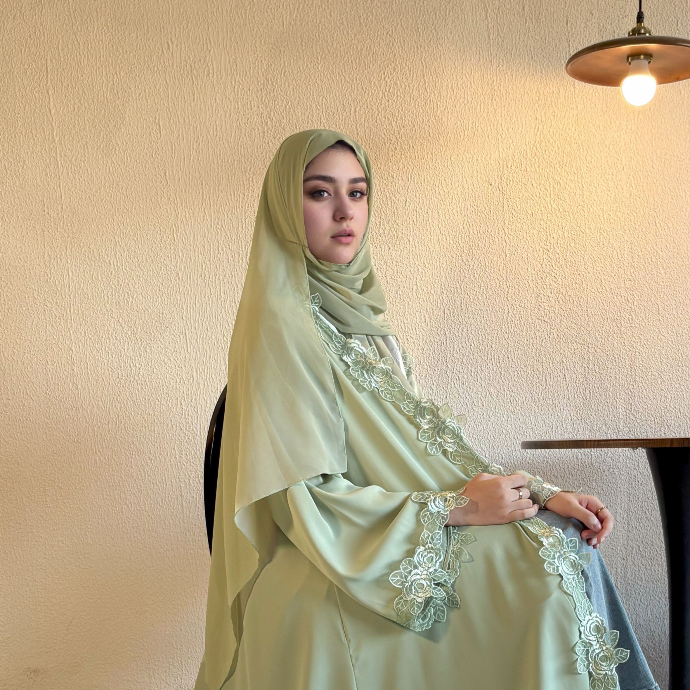 Solid Color Embroidered Lace Abaya with Hijab