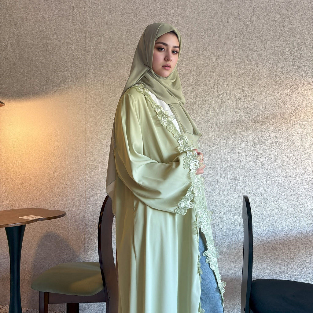 Solid Color Embroidered Lace Abaya with Hijab