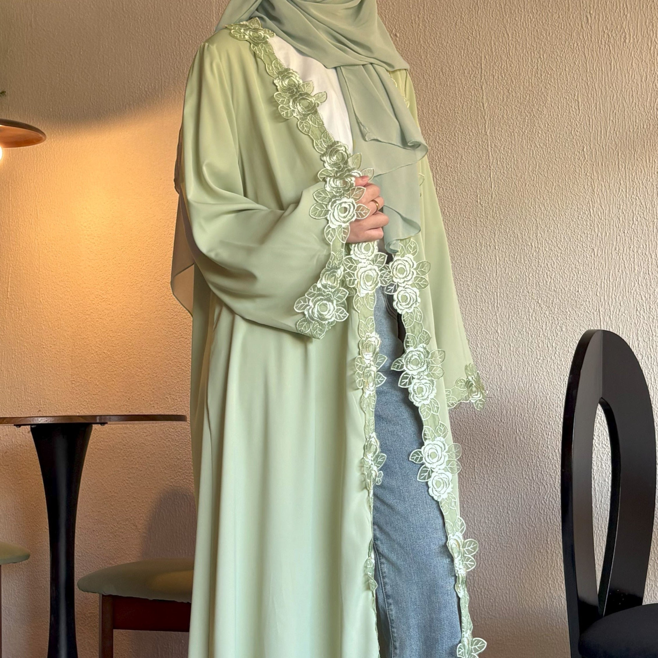 Solid Color Embroidered Lace Abaya with Hijab