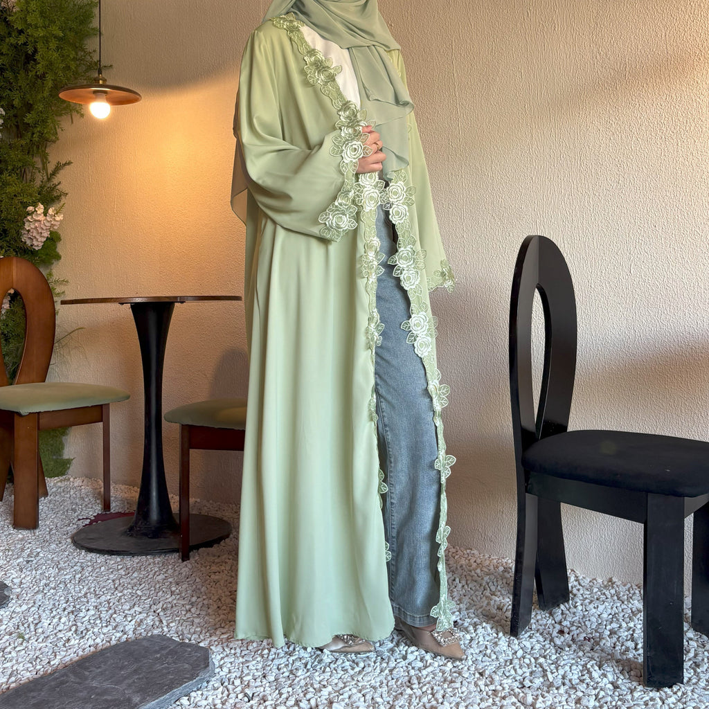 Solid Color Embroidered Lace Abaya with Hijab