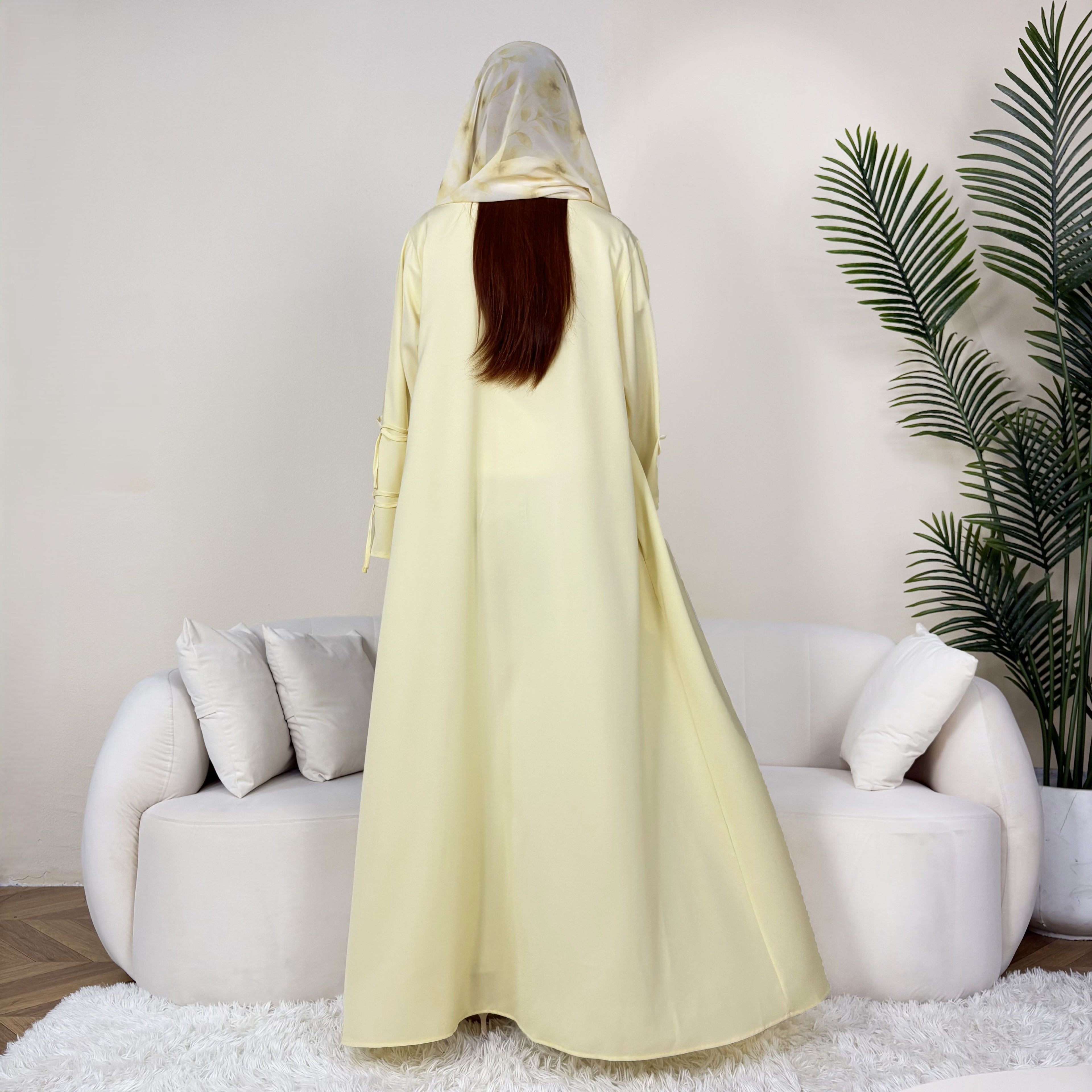 Solid Color Bow-Cuff Abaya with Hijab