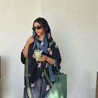 Black Floral Print Open Abaya