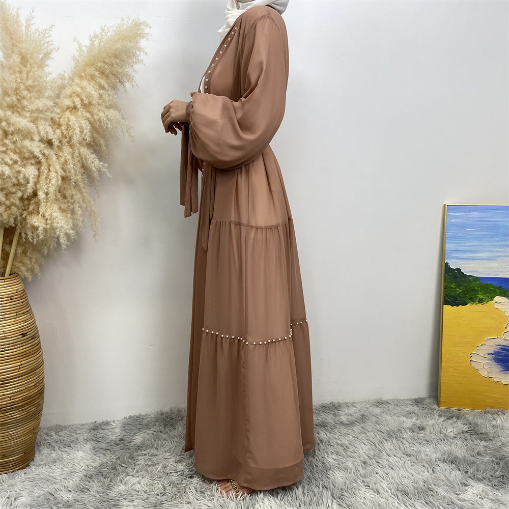 Tulle Nail Bead Chiffon Open Abaya