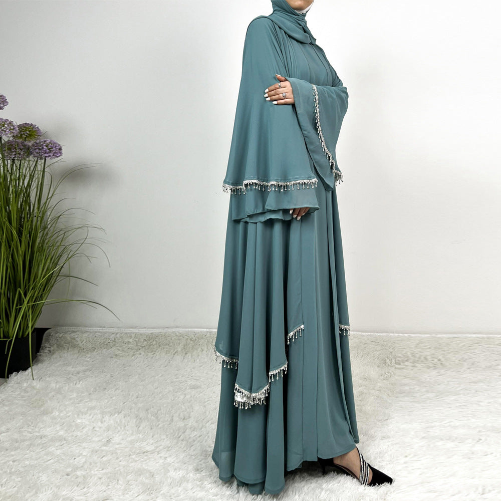 Chiffon Rhinestone Trumpet Sleeve Abaya Set