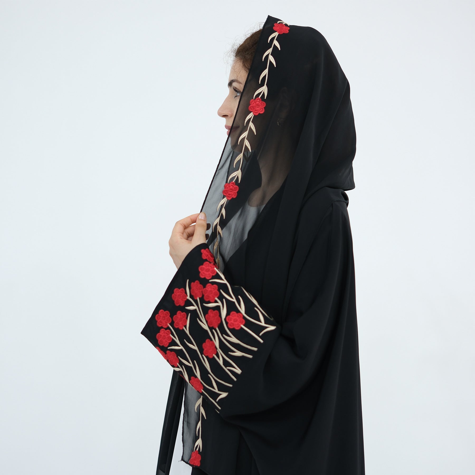 Flower Embroidery Cardigan Abaya with Hijab