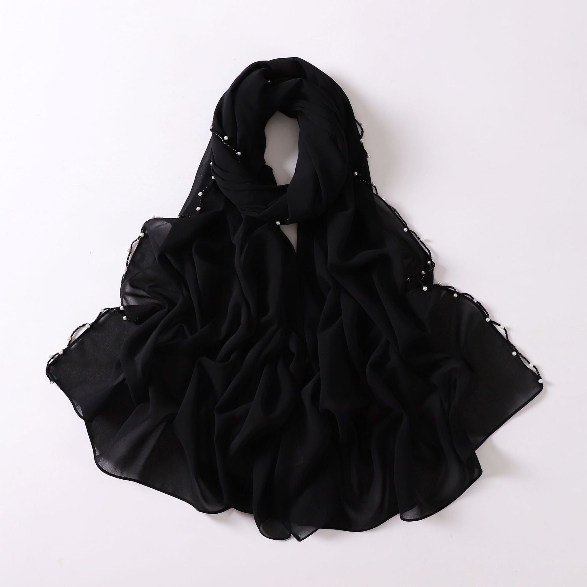 Wavy Edge Chiffon Hijab with Pearls