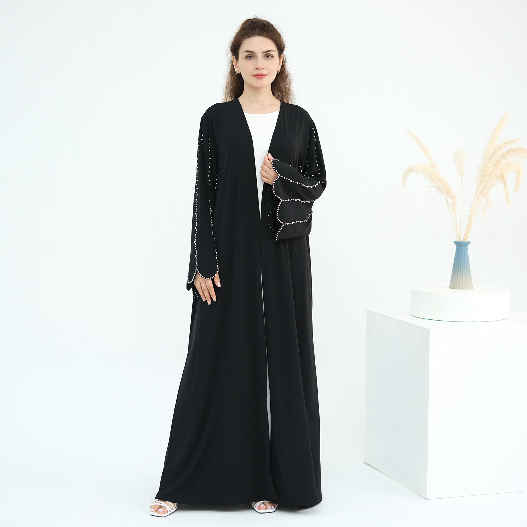 Beaded Line Trimmed Open Front Abaya