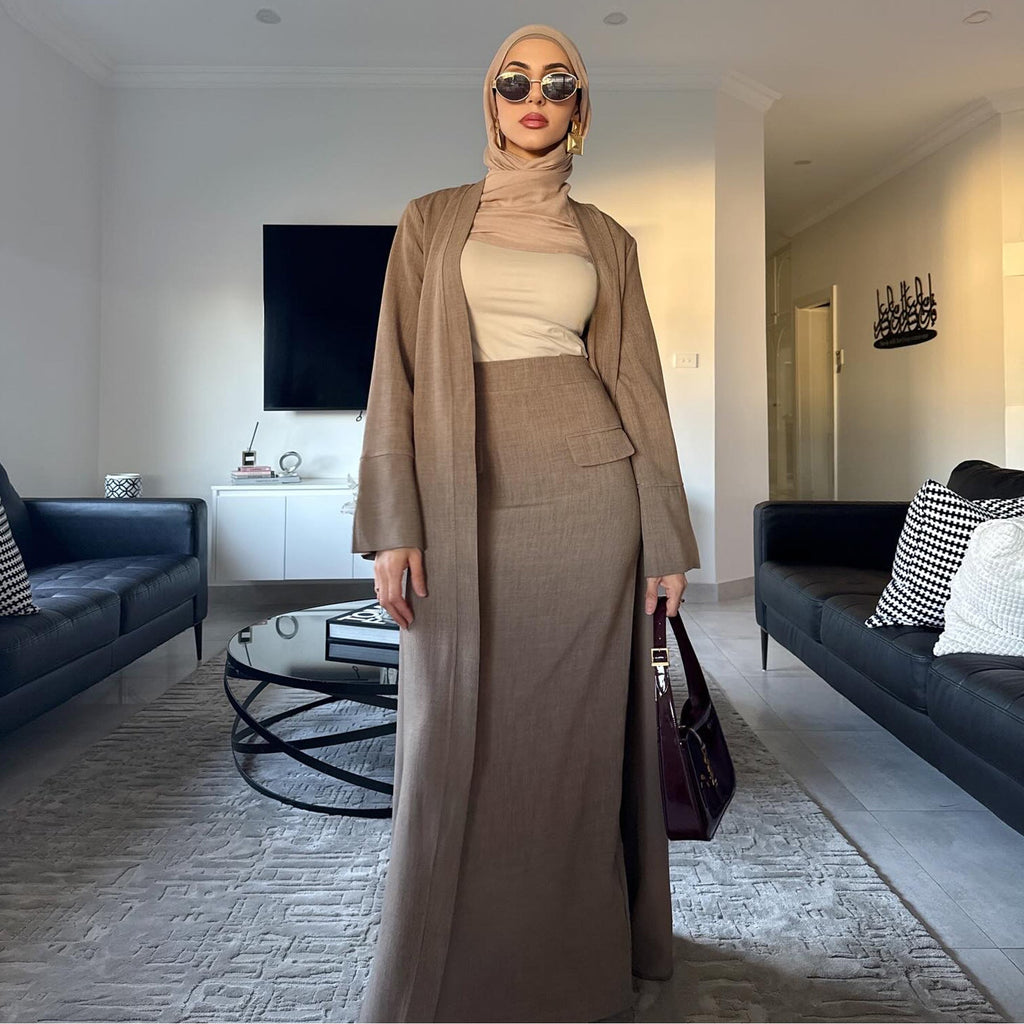 Solid Color Cardigan + Skirt 2PCS Abaya