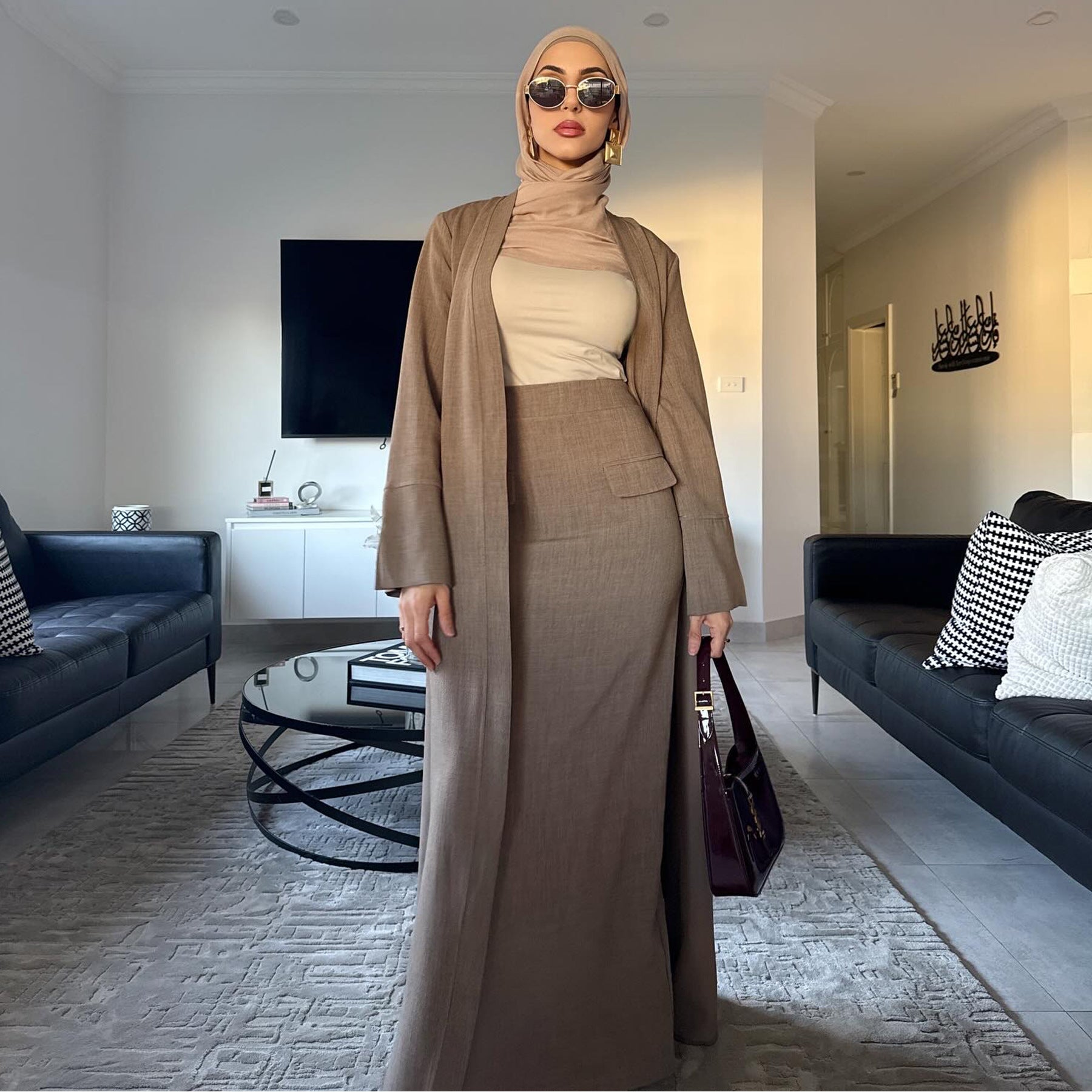 Solid Color Cardigan + Skirt 2PCS Abaya