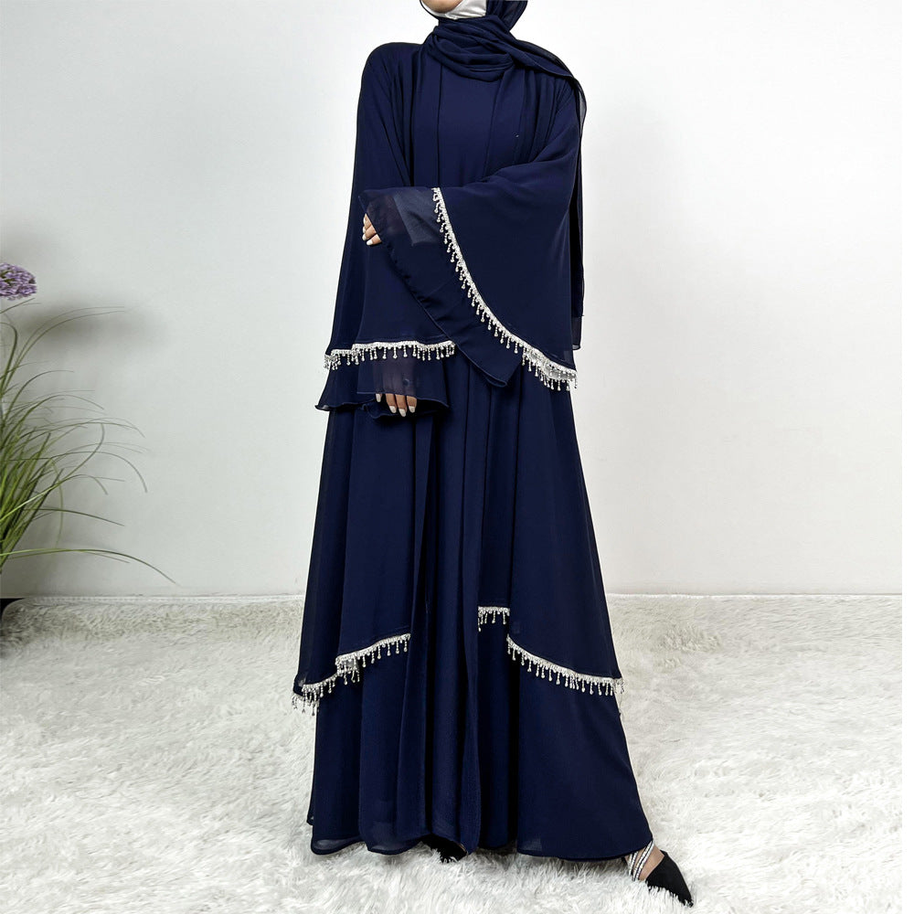 Chiffon Rhinestone Trumpet Sleeve Abaya Set