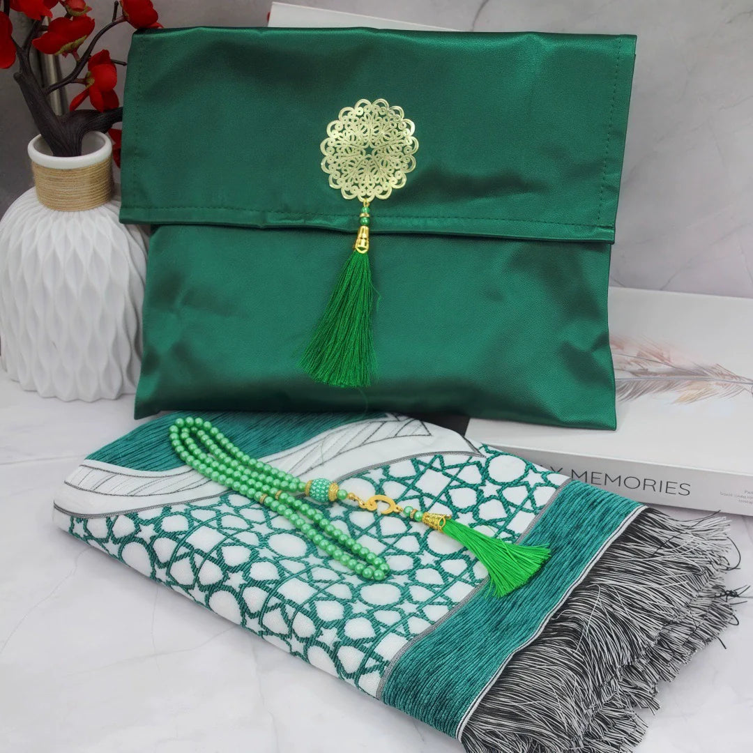 Ramadan Portable Prayer Rug with Fabric Bag - D Green