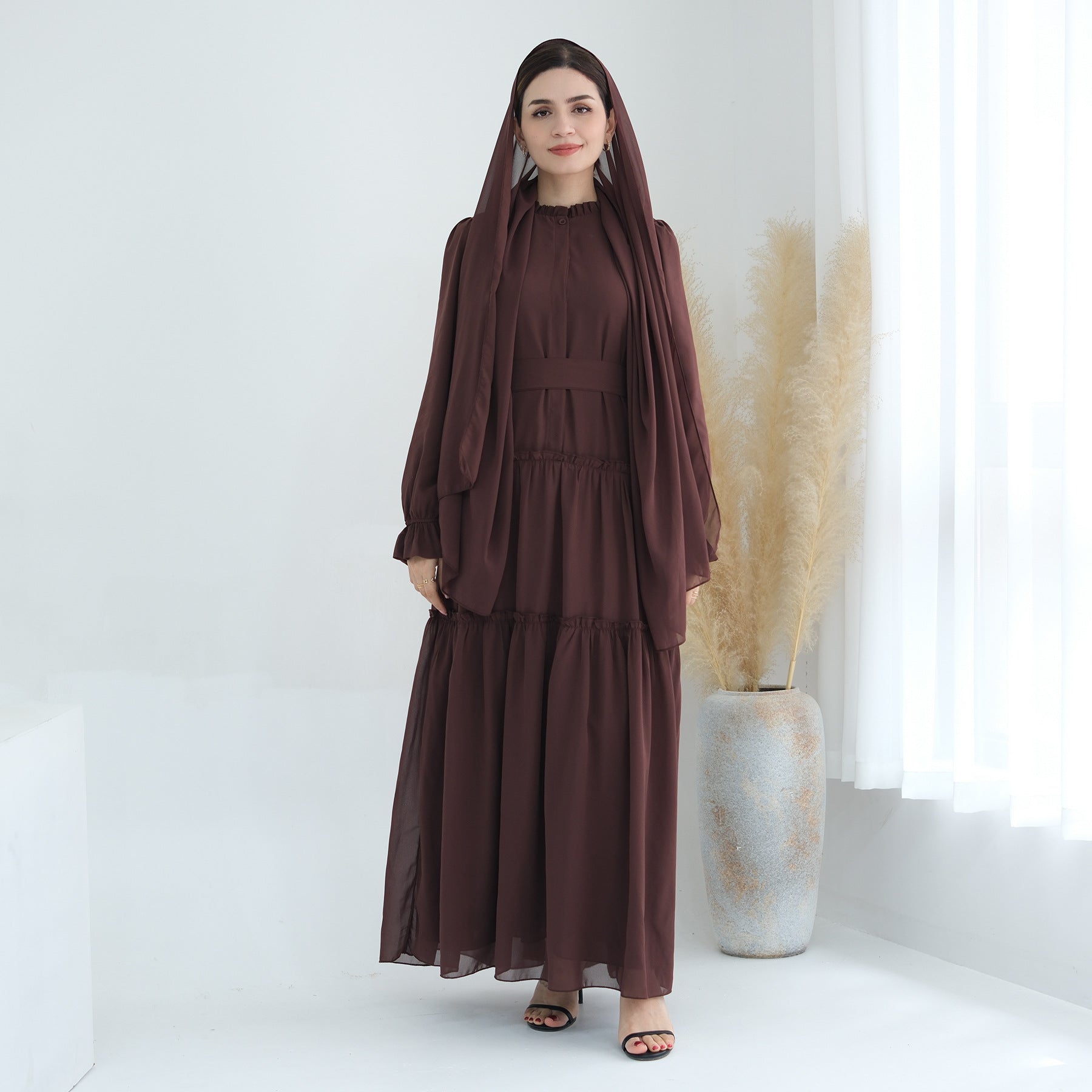 Solid Color Light Flared Sleeve Dress Hijab Set