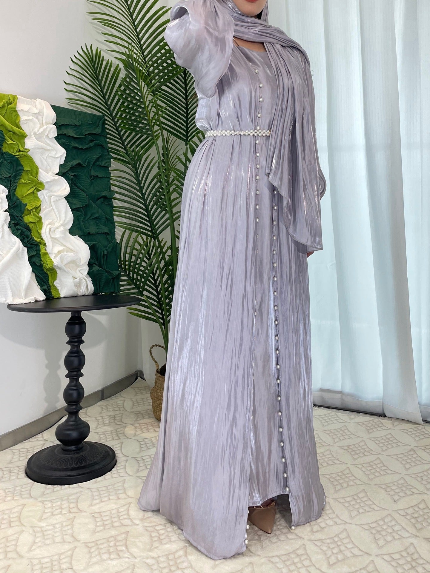 Flowing Gauze Dress Abaya 5 Piece Set