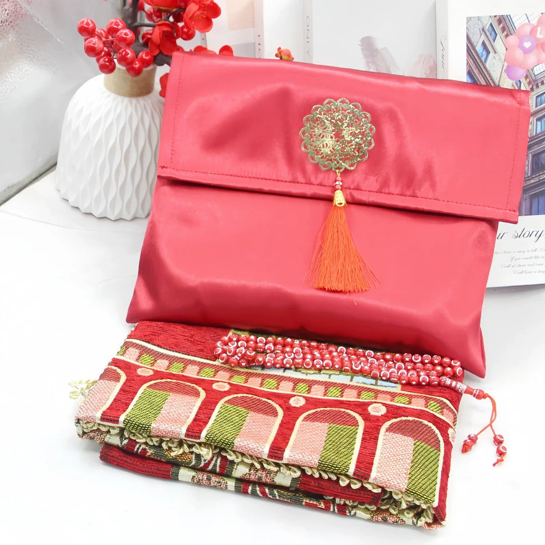 Ramadan Portable Prayer Rug with Fabric Bag - D Red