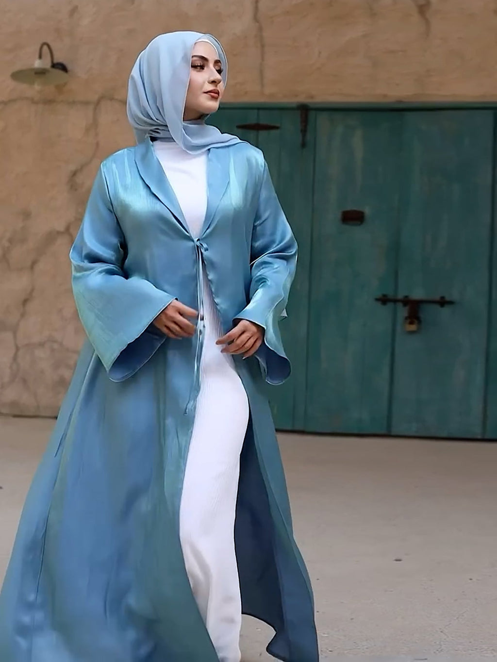 Lake Blue Tie Cardigan Abaya