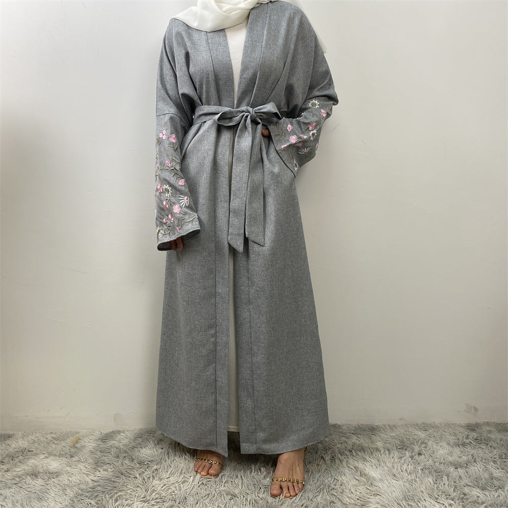 Peach Blossom Cotton Hemp Embroidery Abaya