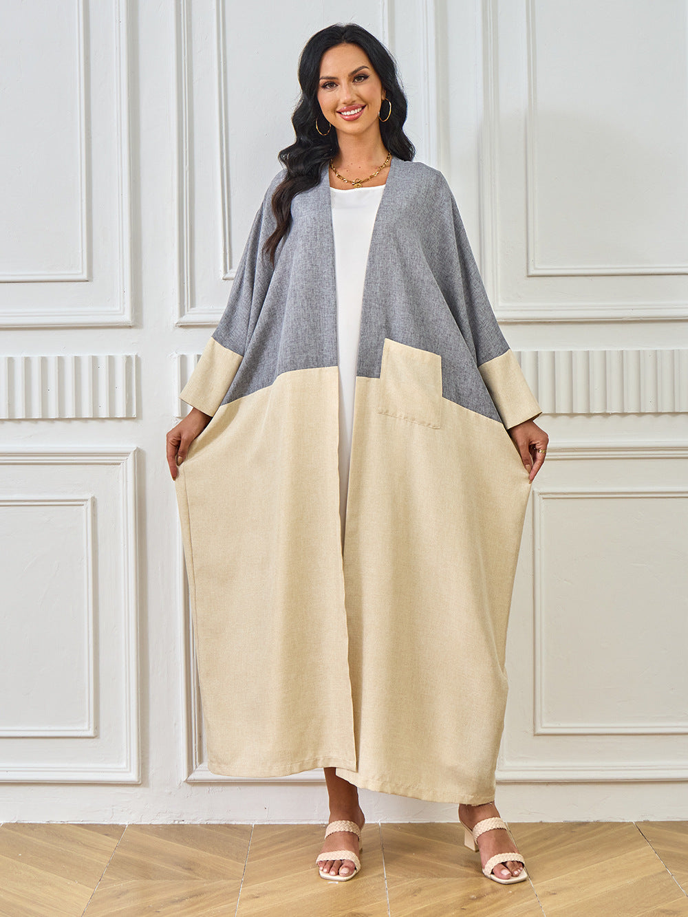 Blue and Beige Color-block Abayas