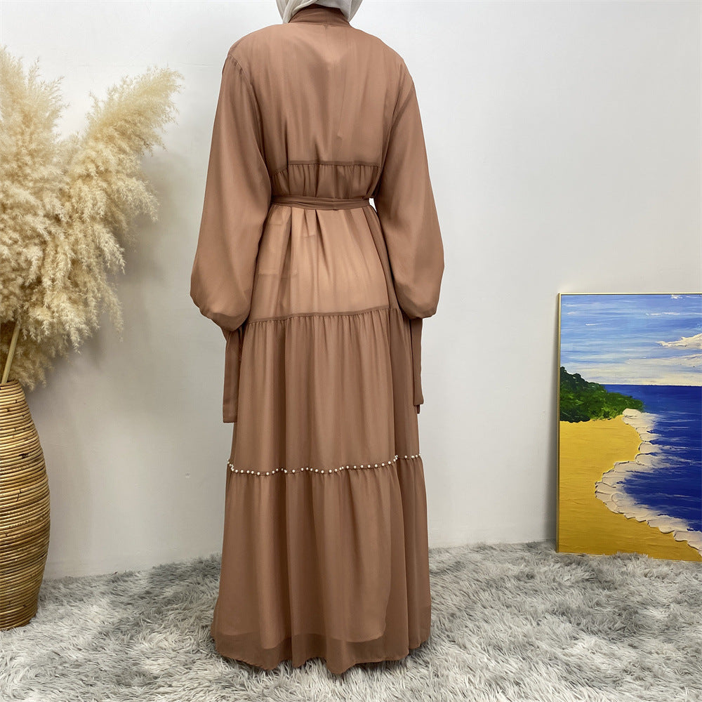 Tulle Nail Bead Chiffon Open Abaya