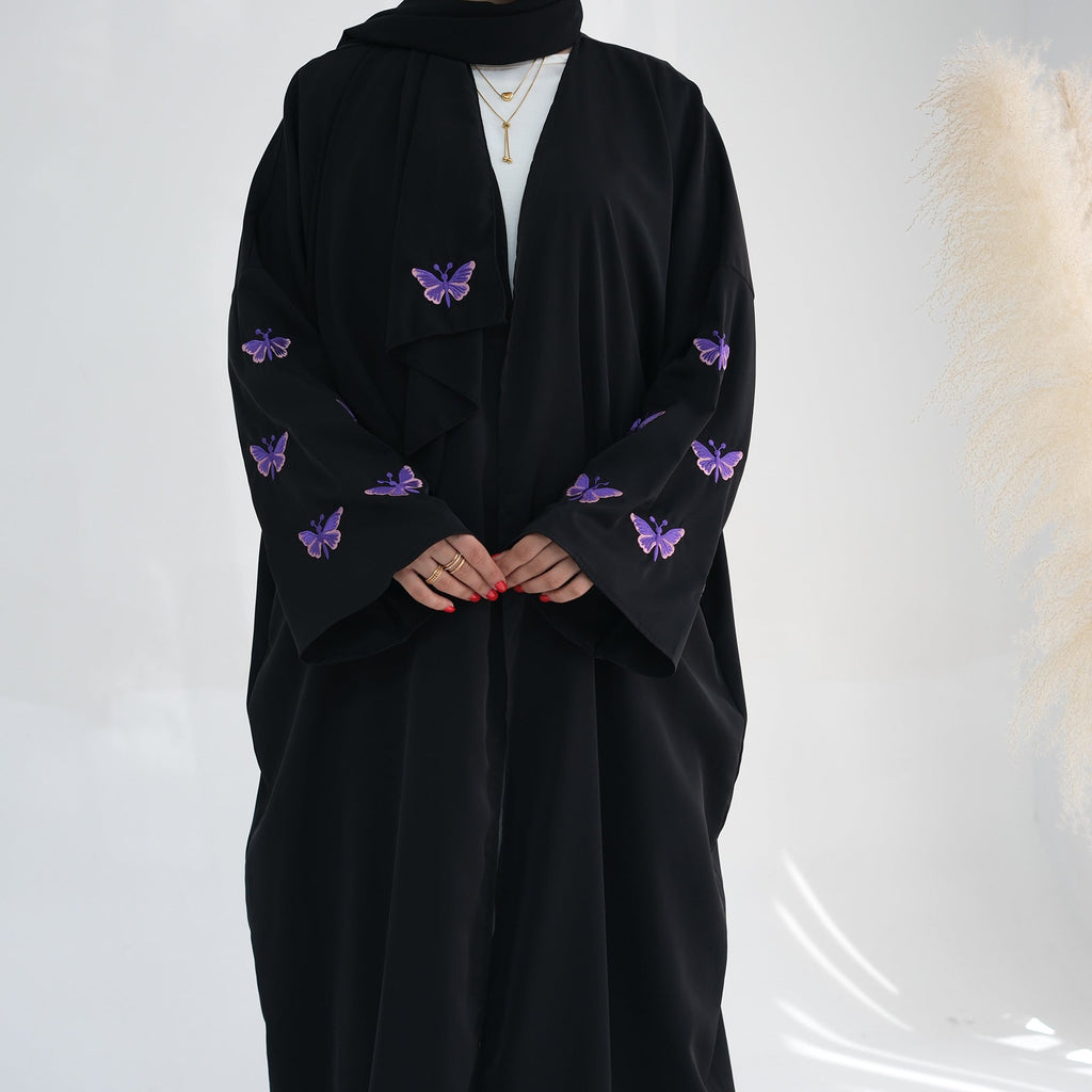 Embroidered Butterfly Print Kaftan with Hijab