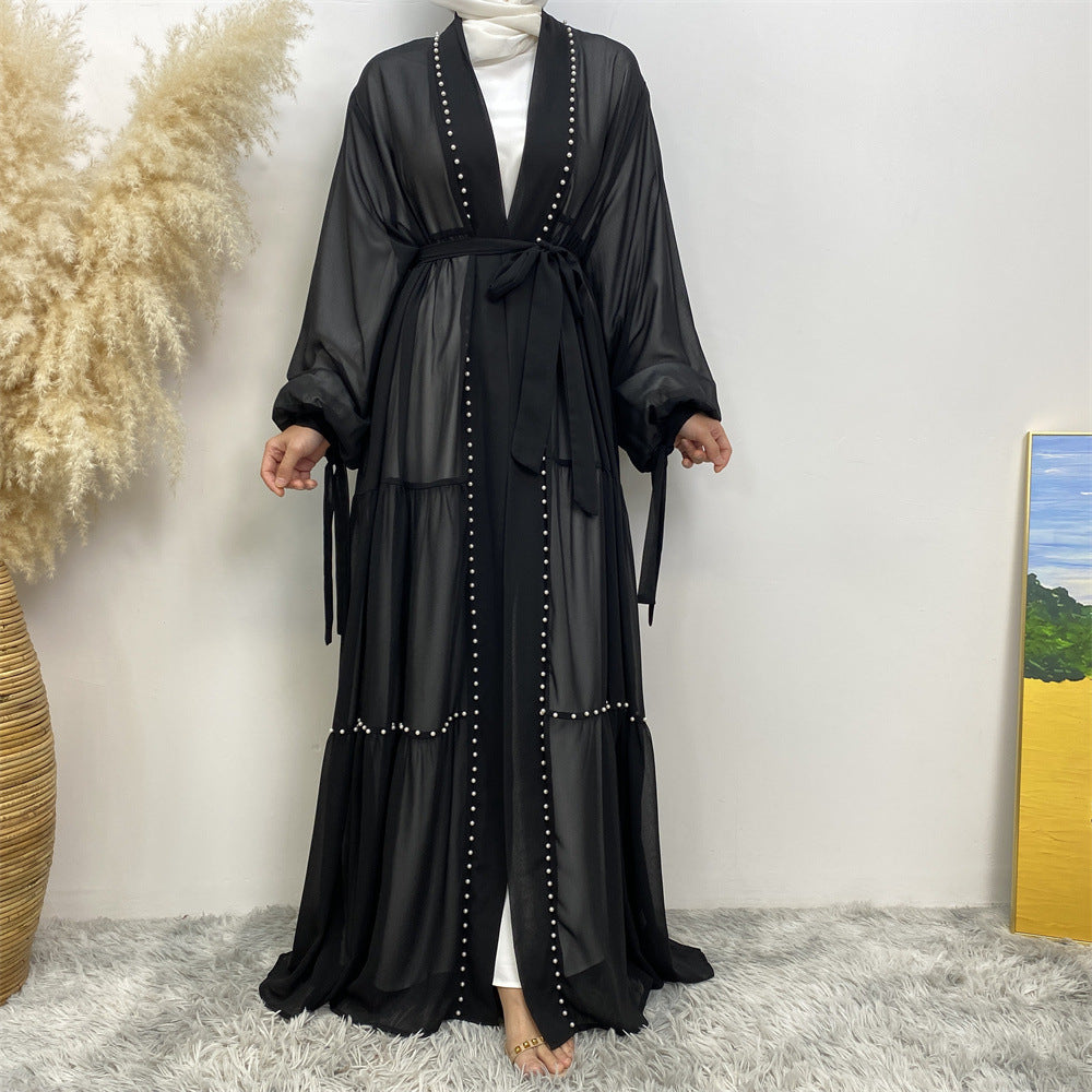 Tulle Nail Bead Chiffon Open Abaya