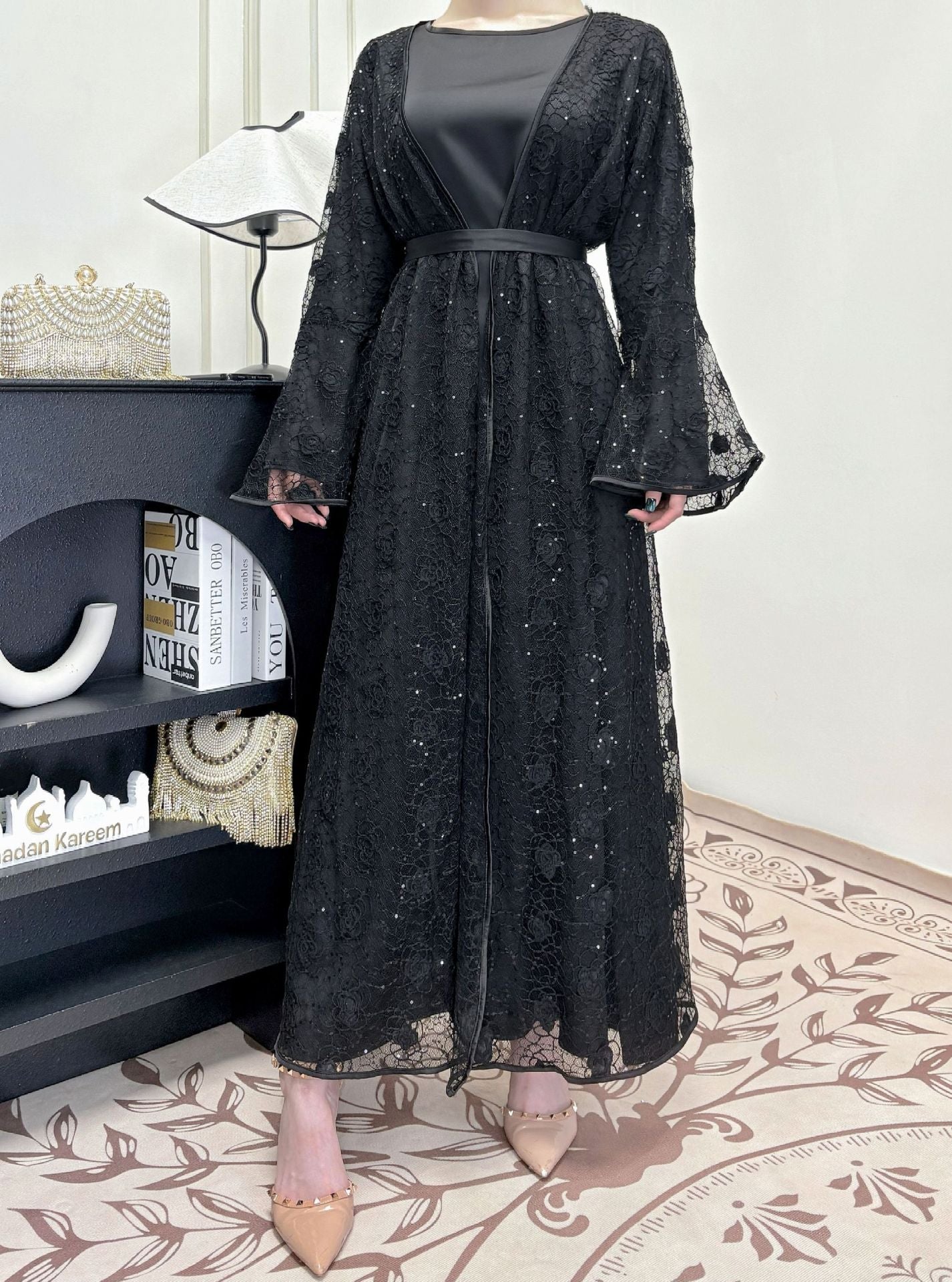 2 Pcs Rose Lace Loose Abaya