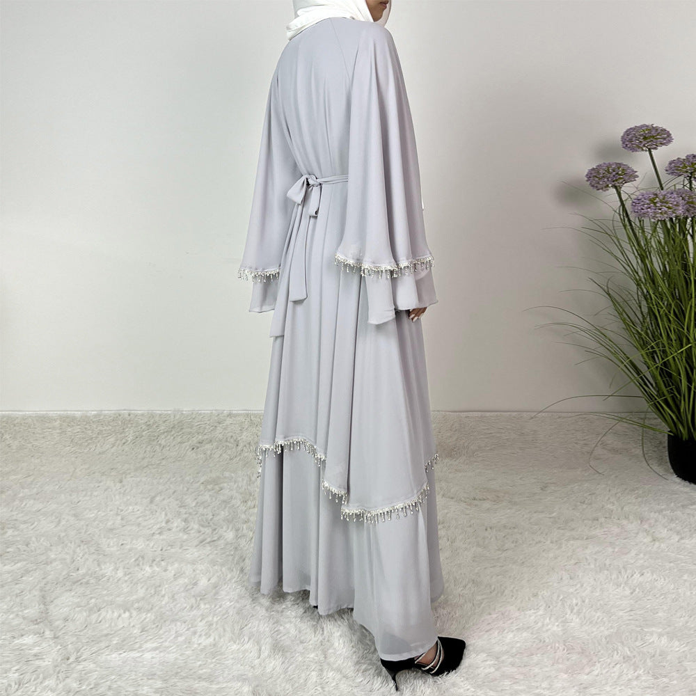 Chiffon Rhinestone Trumpet Sleeve Abaya Set