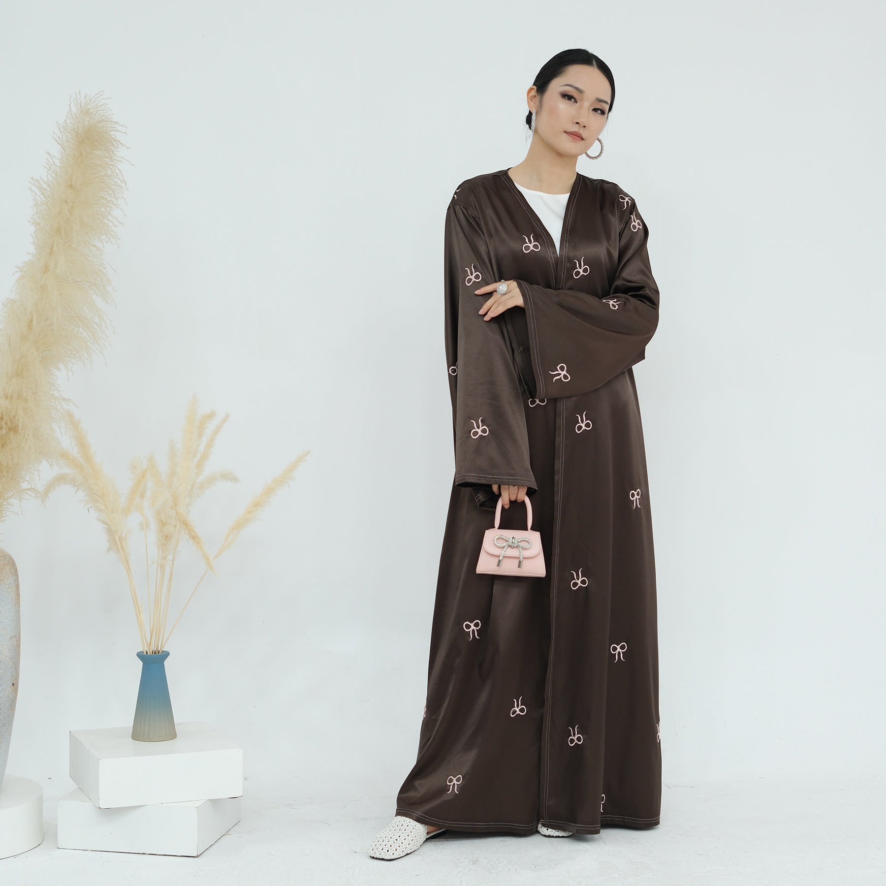 Bow Embroidery Open Abaya