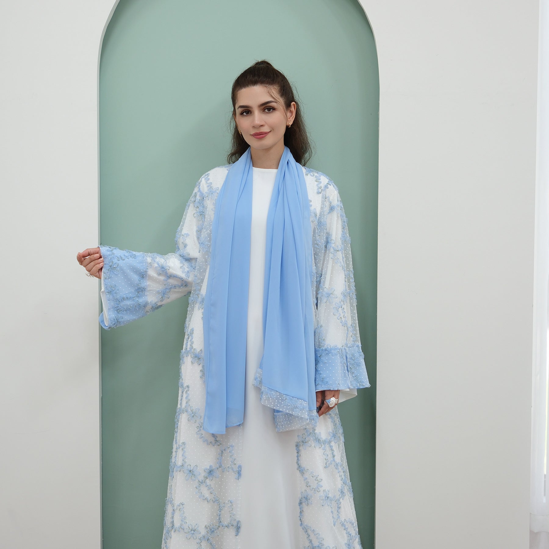 3D Floral Mesh Cardigan Abaya