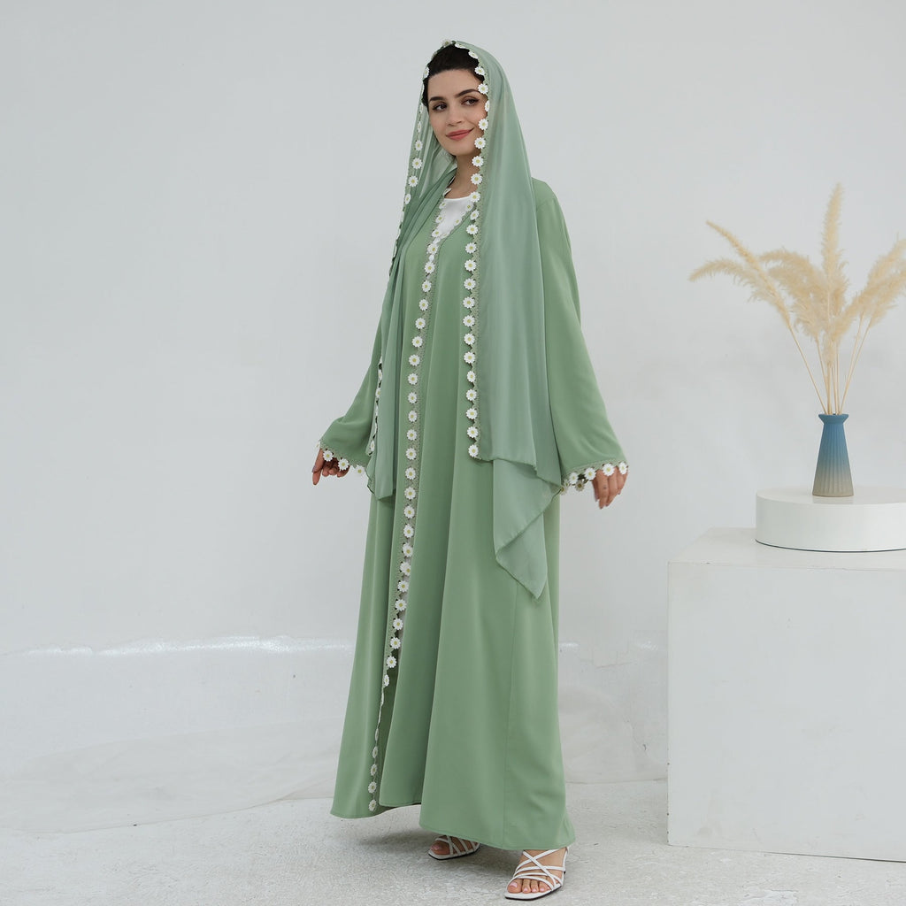 Green Embroidered Flower 2PCS Abaya
